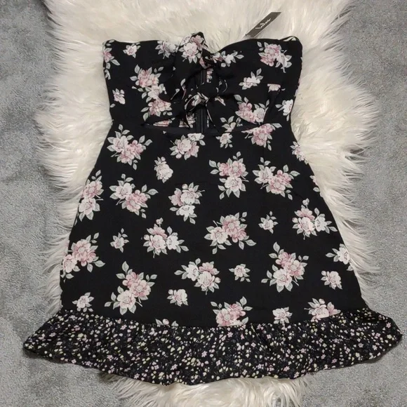 Lulus Dress Black Floral Print Strapless Tie-Front Mini Dark Floral Dress NWT - Picture 8 of 10